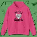Nine Ball Rider Hoodie, front view, in Heliconia perfect for players with quiet fire