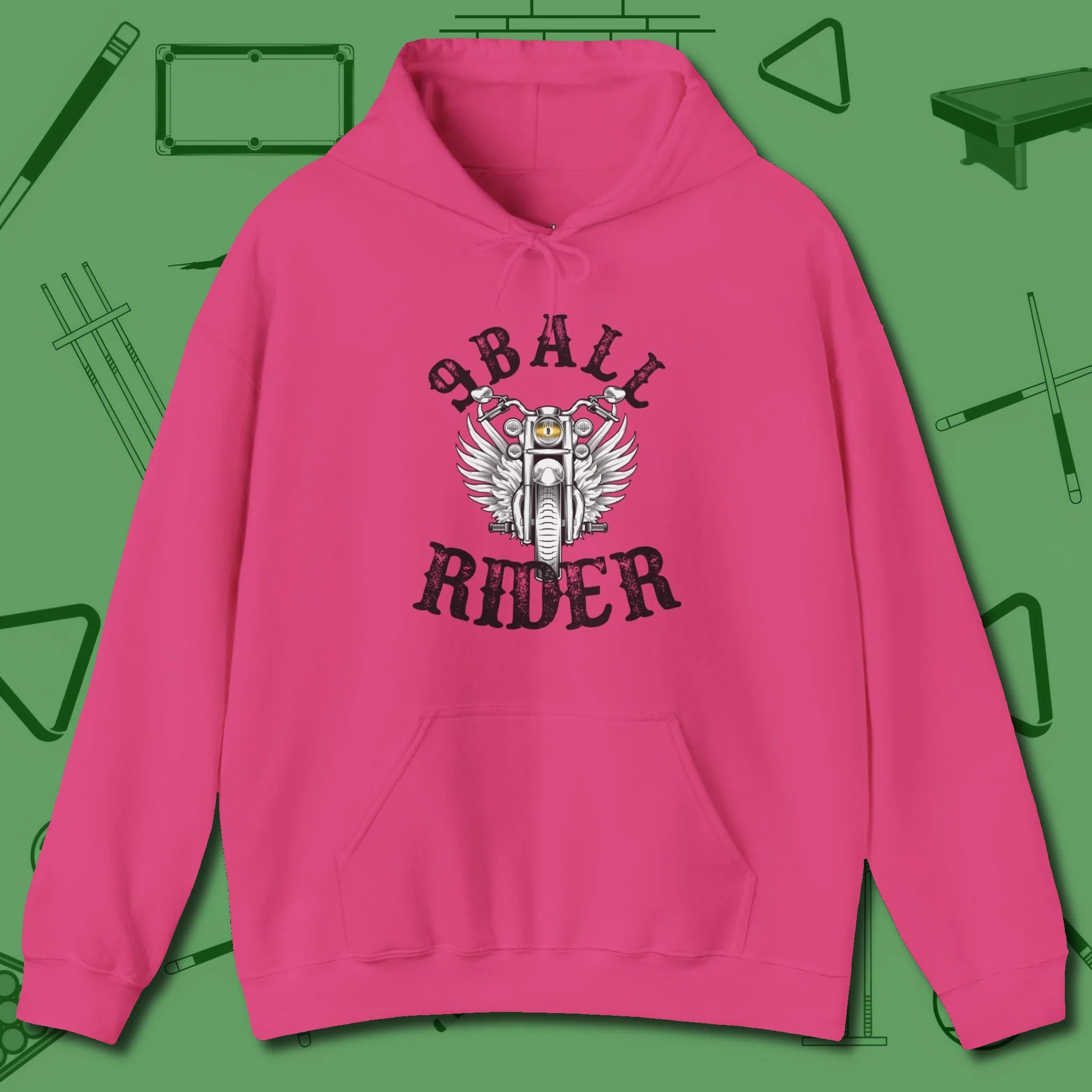 Nine Ball Rider Hoodie, front view, in Heliconia perfect for players with quiet fire