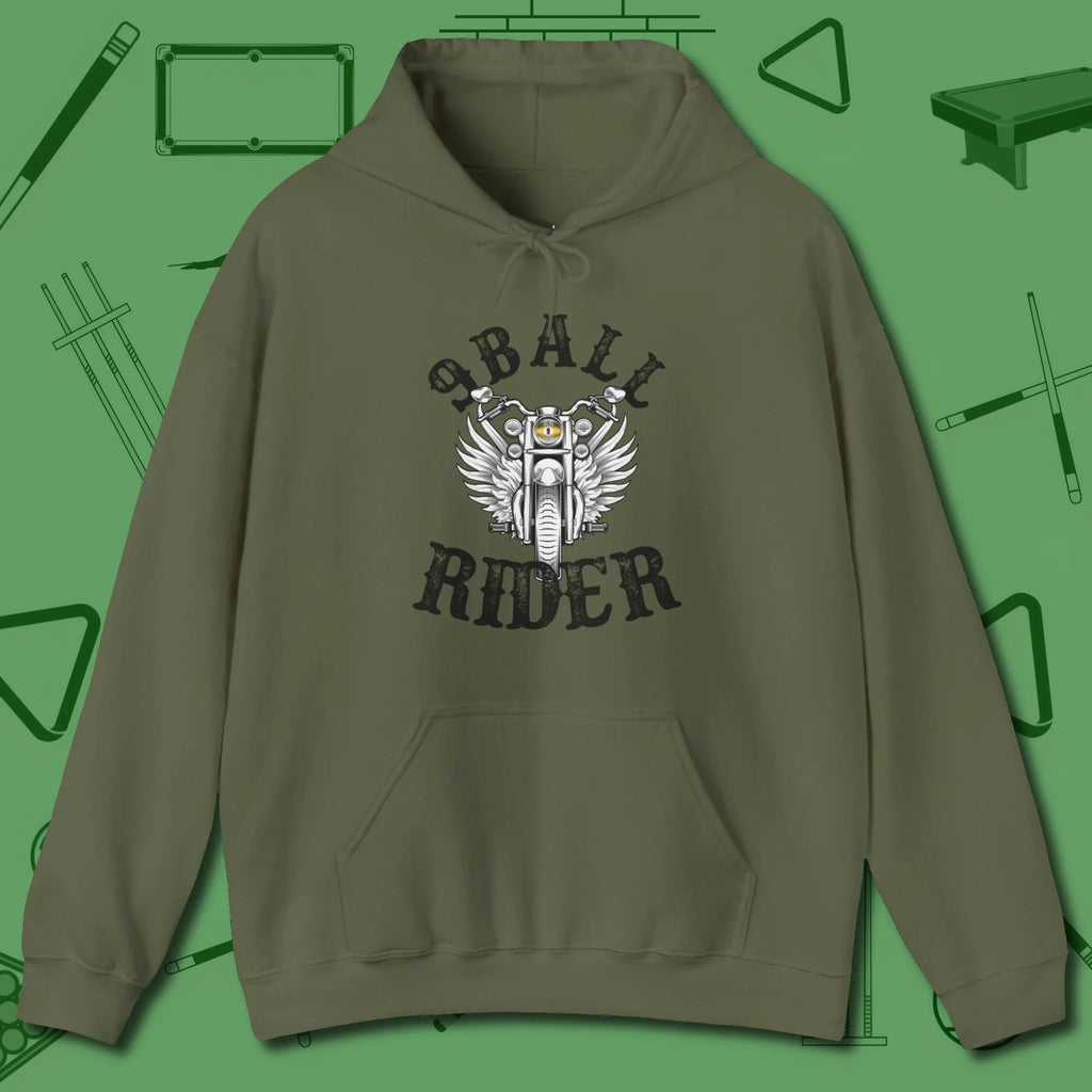 Nine Ball Rider Hoodie, front view, in Military Green perfect for players with quiet fire
