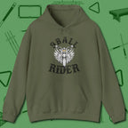 Nine Ball Rider Hoodie, front view, in Military Green perfect for players with quiet fire