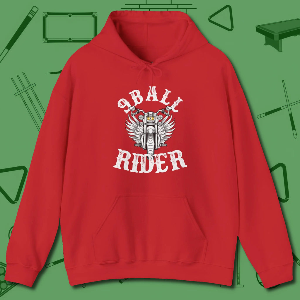 Nine Ball Rider Hoodie, front view, in Red stitched for cue discipline and cool confidence