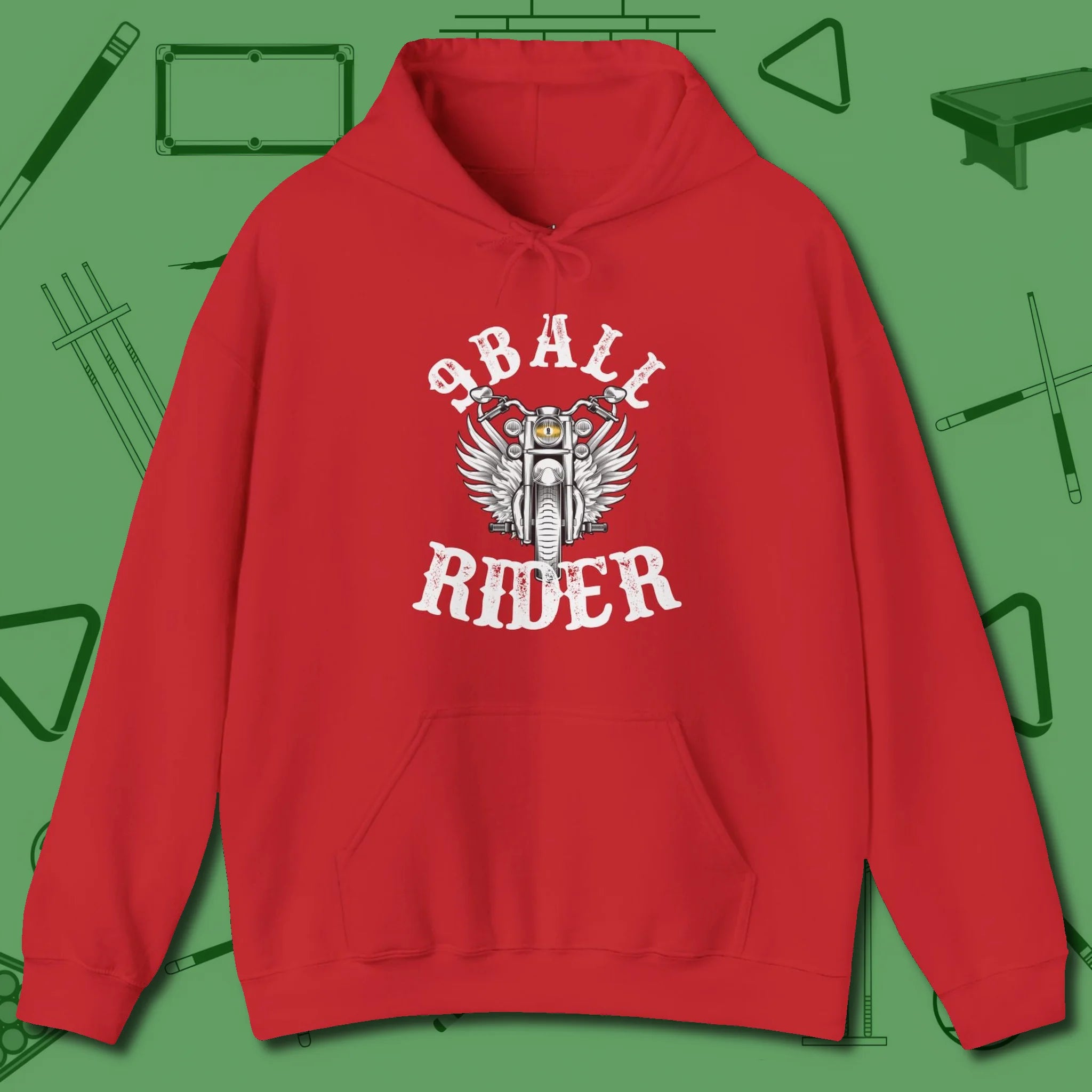 Nine Ball Rider Hoodie, front view, in Red stitched for cue discipline and cool confidence