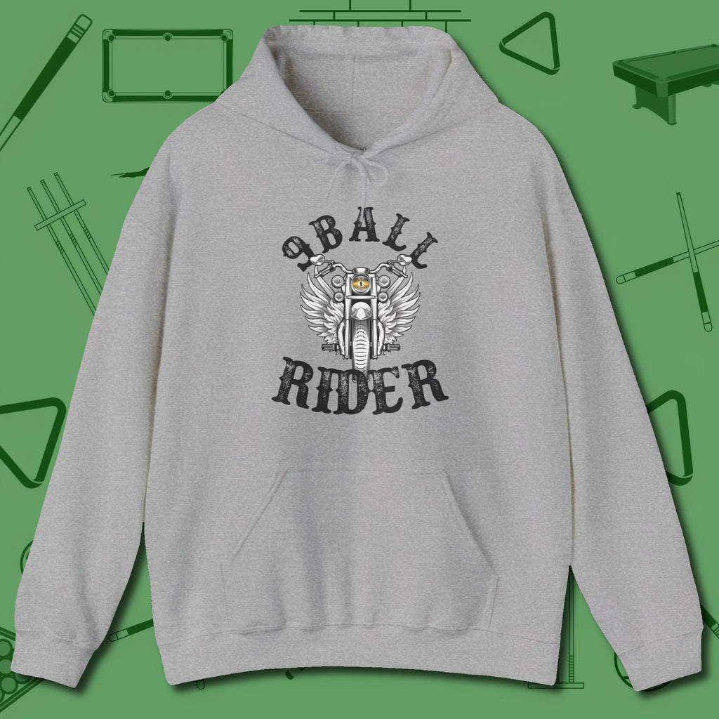 Nine Ball Rider Hoodie, front view, in Sport Grey break, run out, turn heads — repeat