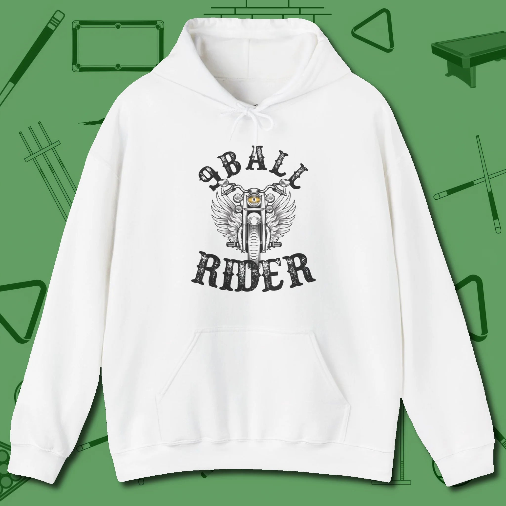 Nine Ball Rider Hoodie, front view, in White a clean fit for the dirtiest safeties