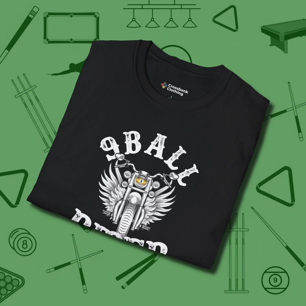 Nine Ball Rider T-Shirt, folded view, in Black cool enough for a corner pocket finish