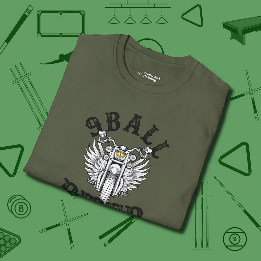 Nine Ball Rider T-Shirt, folded view, in Military Green like your stroke — smooth and deliberate