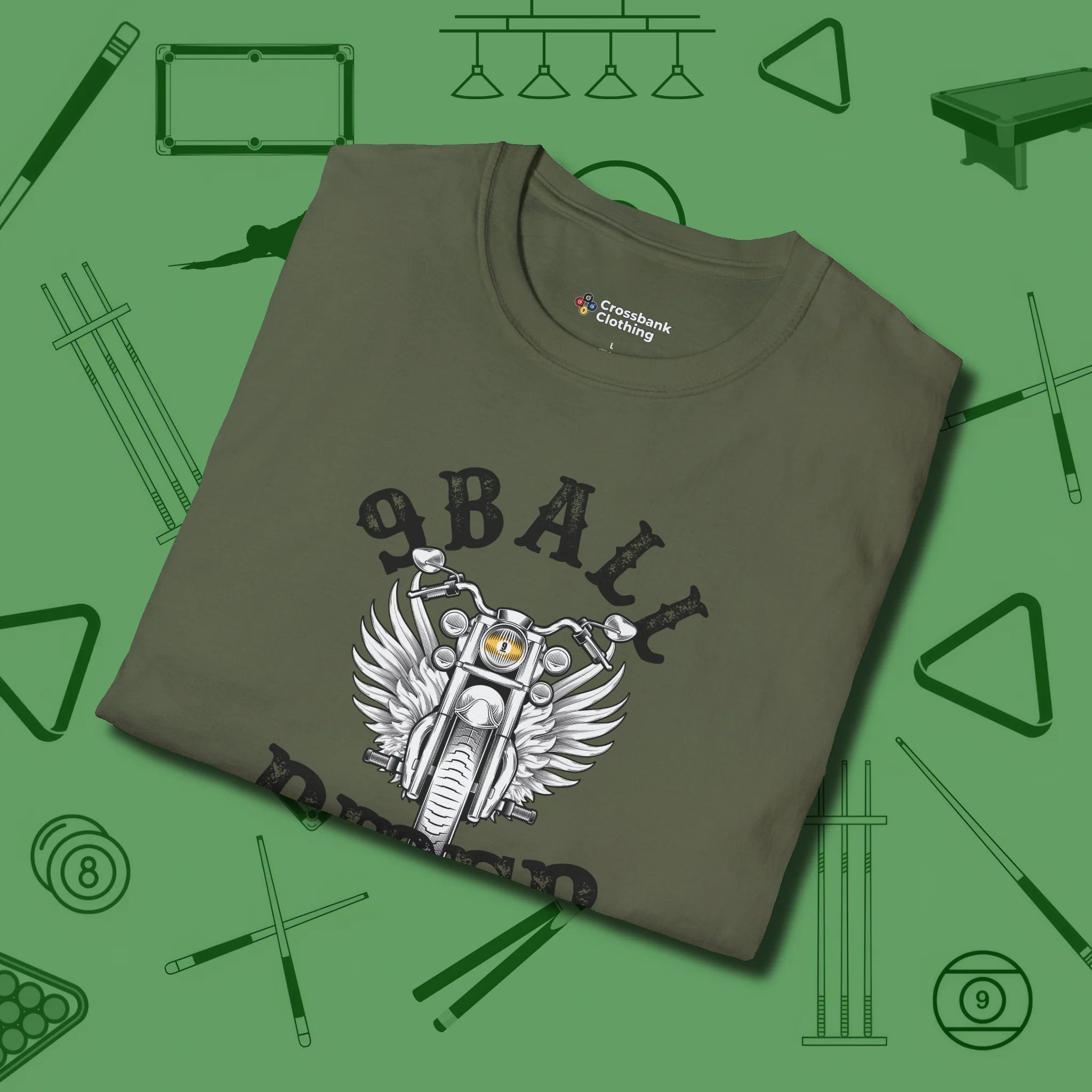 Nine Ball Rider T-Shirt, folded view, in Military Green like your stroke — smooth and deliberate