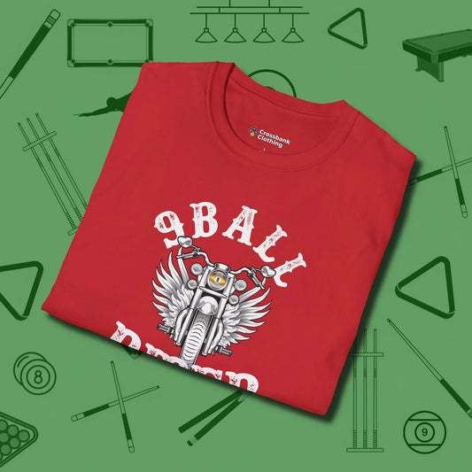 Nine Ball Rider T-Shirt, folded view, in Red look good while calling your pocket