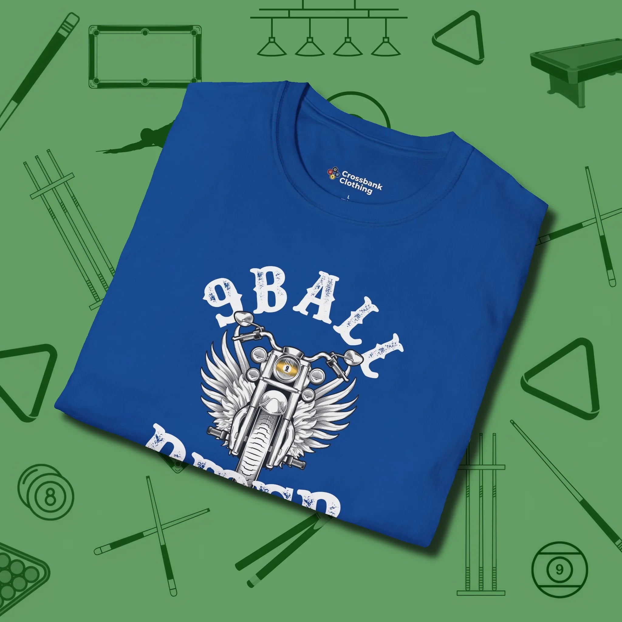 Nine Ball Rider T-Shirt, folded view, in Royal table-tested, street-approved style