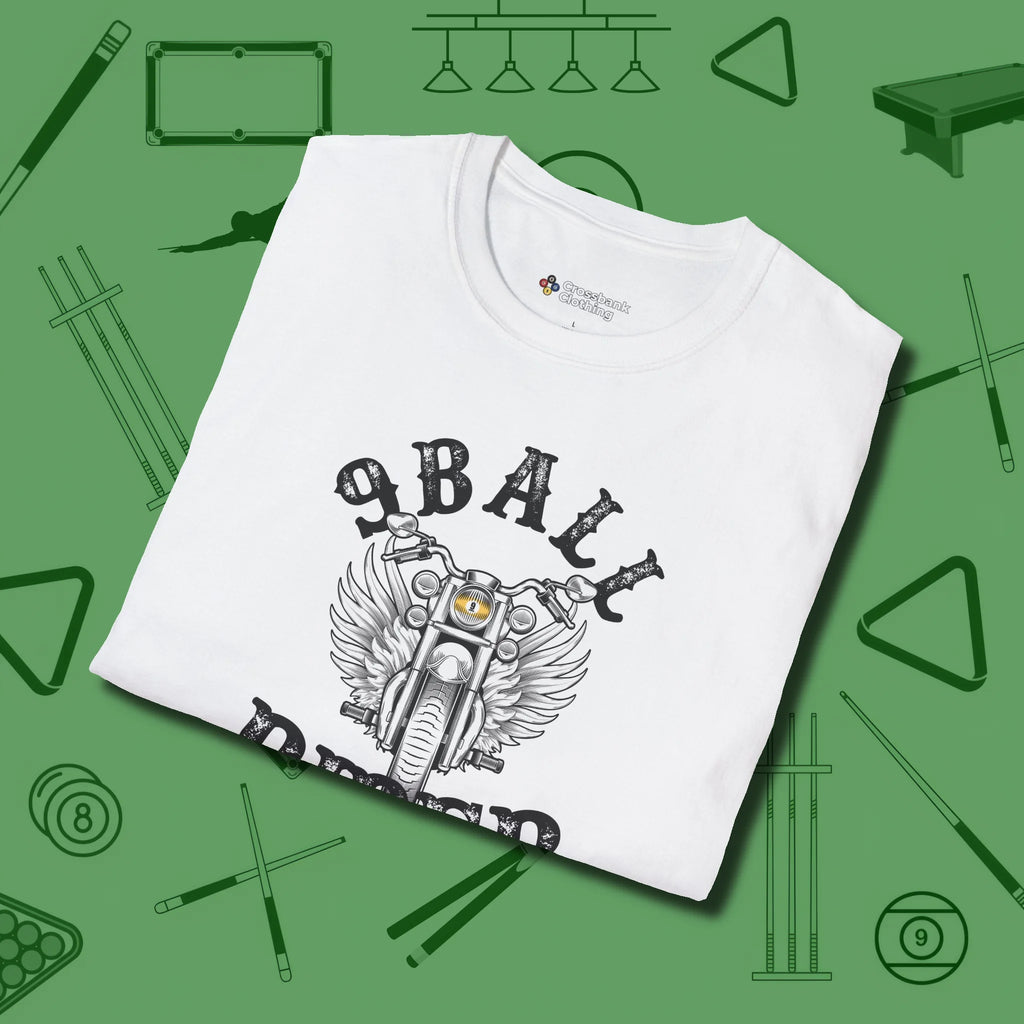 Nine Ball Rider T-Shirt, folded view, in White tough like your favorite break cue