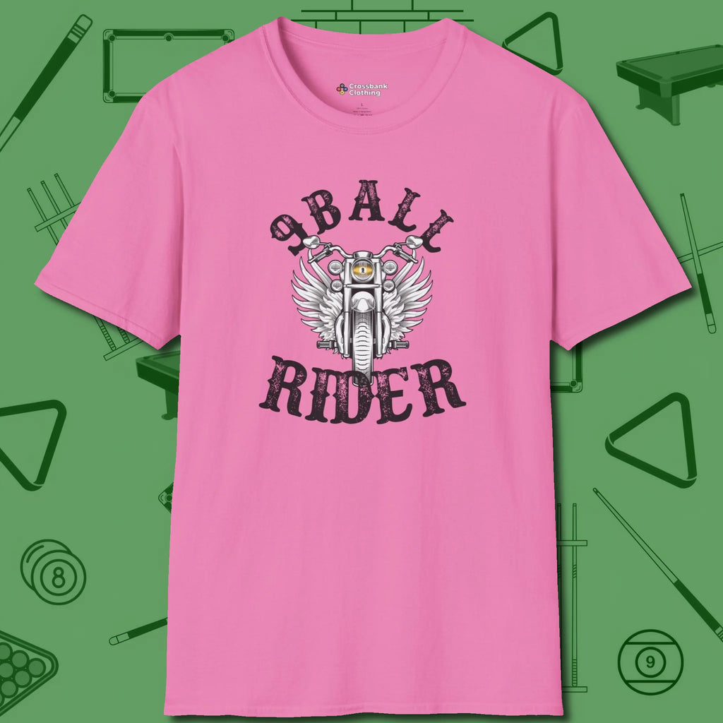 Nine Ball Rider T-Shirt, front view, in Azalea built for bold breaks and quiet confidence