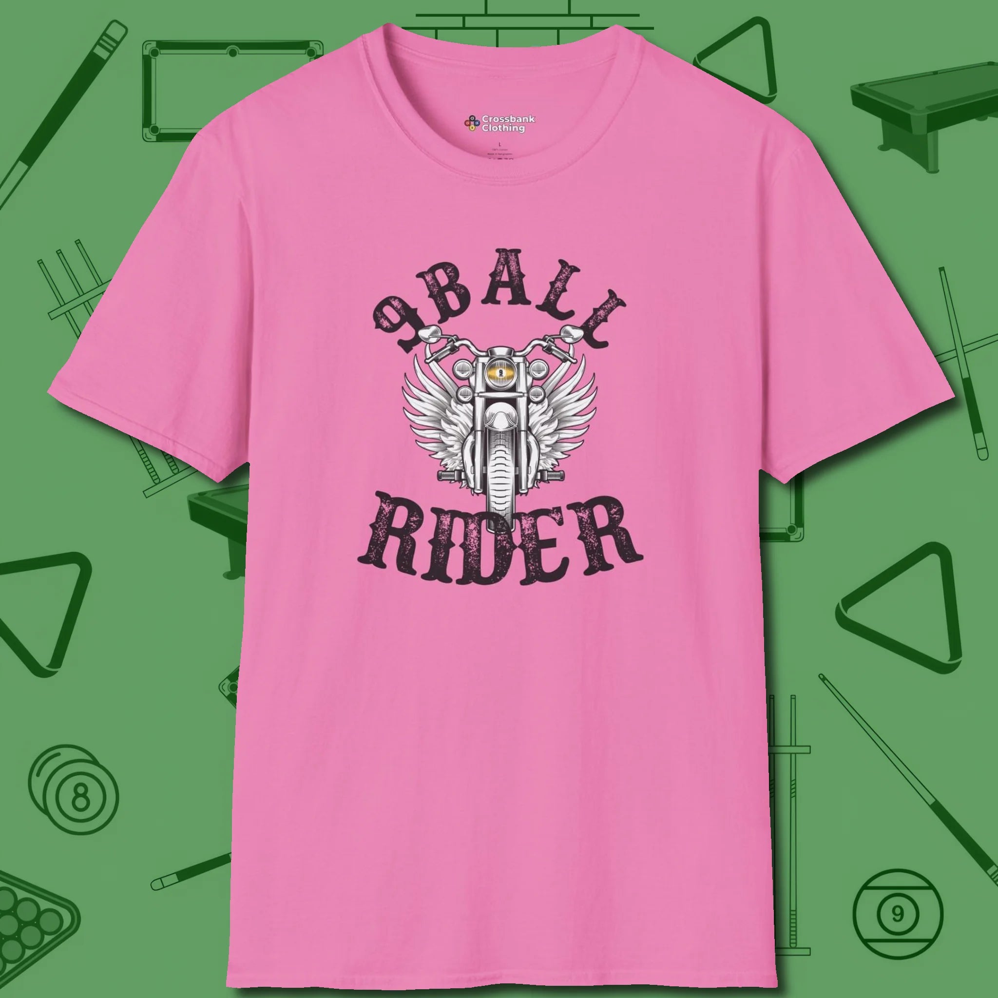 Nine Ball Rider T-Shirt, front view, in Azalea built for bold breaks and quiet confidence