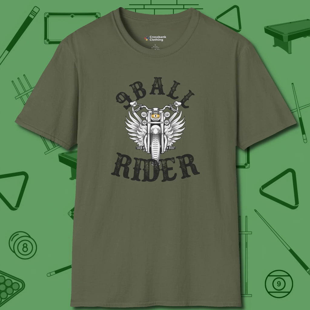 Nine Ball Rider T-Shirt, front view, in Military Green play in style, win in silence