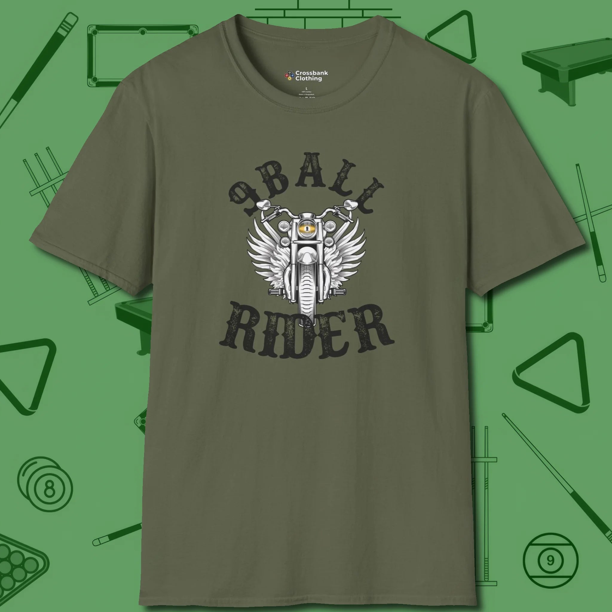 Nine Ball Rider T-Shirt, front view, in Military Green play in style, win in silence