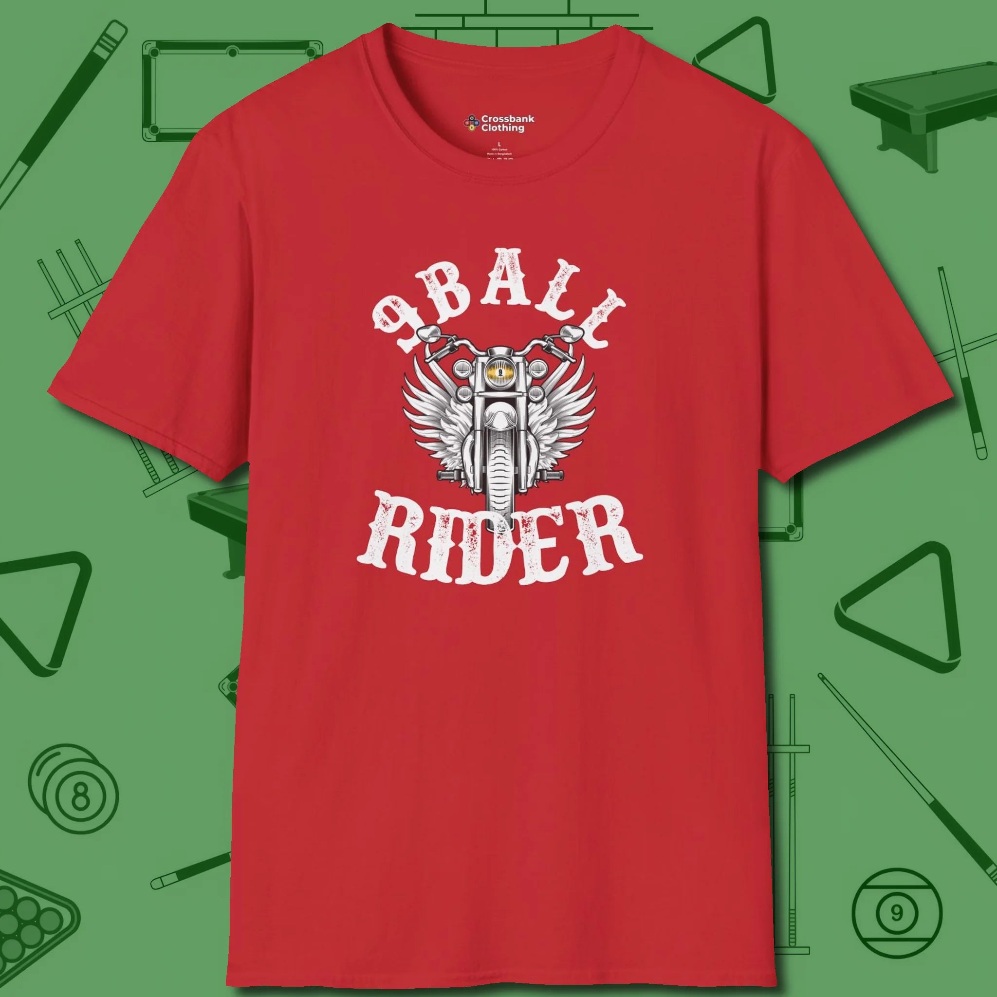 Nine Ball Rider T-Shirt, front view, in Red stitched for cue discipline and cool confidence
