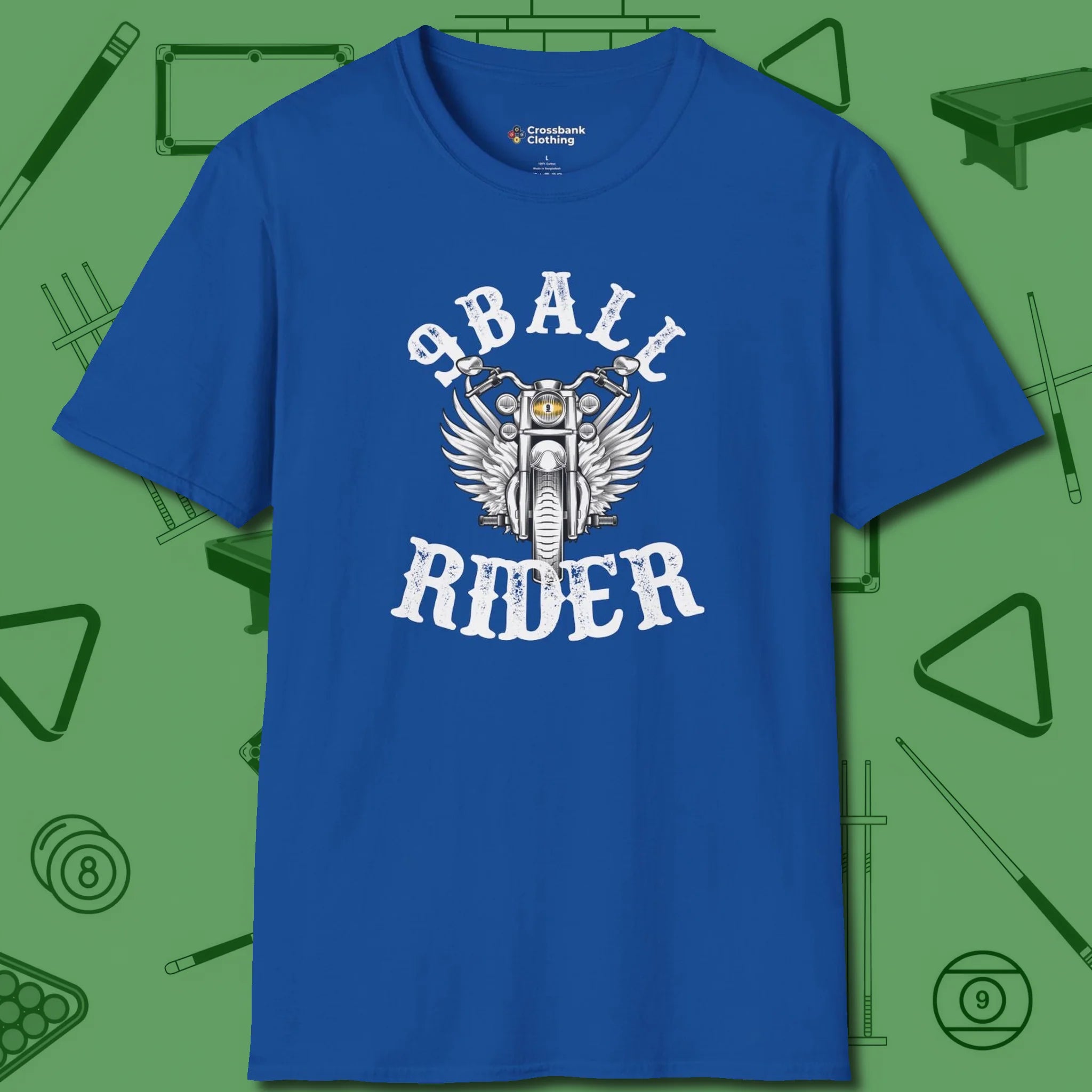 Nine Ball Rider T-Shirt, front view, in Royal what champions wear between racks