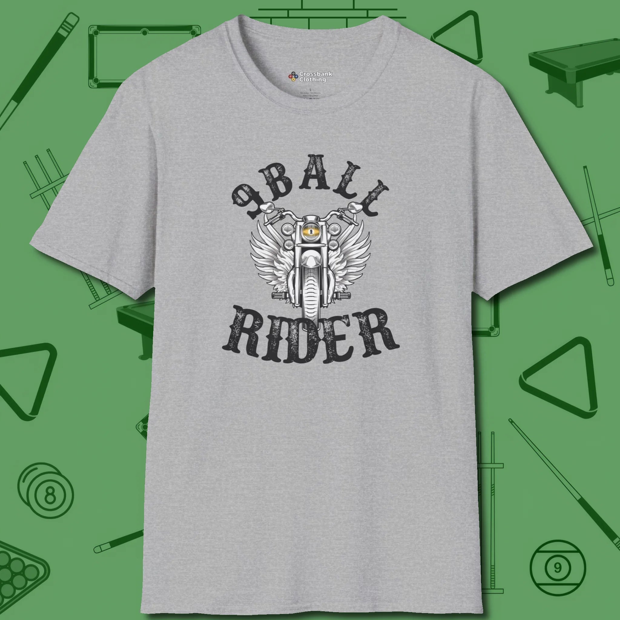 Nine Ball Rider T-Shirt, front view, in Sport Grey earns respect before the first shot