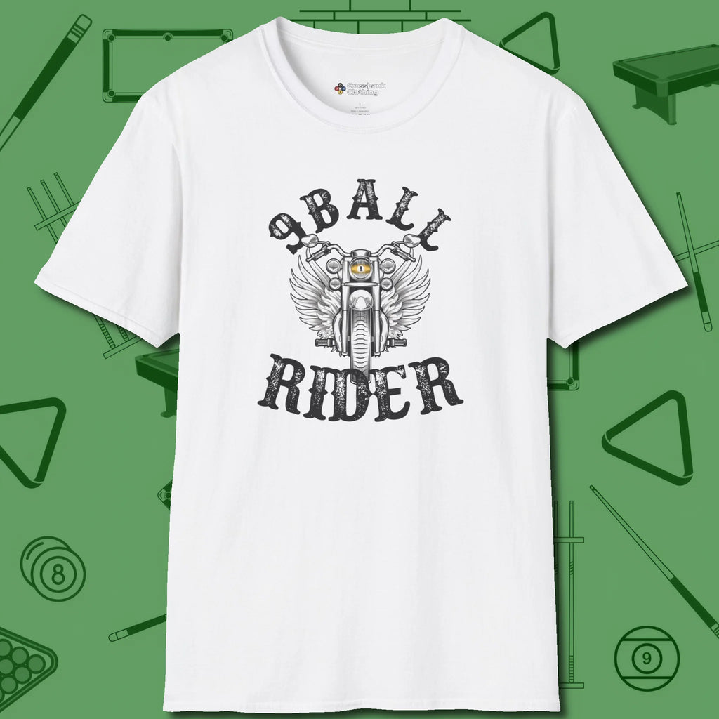 Nine Ball Rider T-Shirt, front view, in White your secret weapon off the table