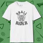 Nine Ball Rider T-Shirt, front view, in White your secret weapon off the table