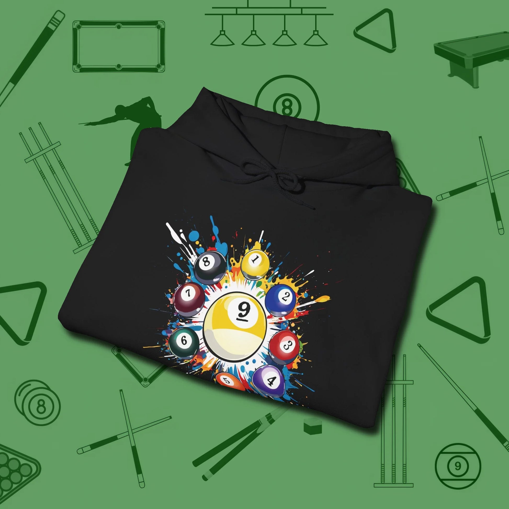 Nine Ball Round Up Hoodie, folded view, in Black what champions wear between racks
