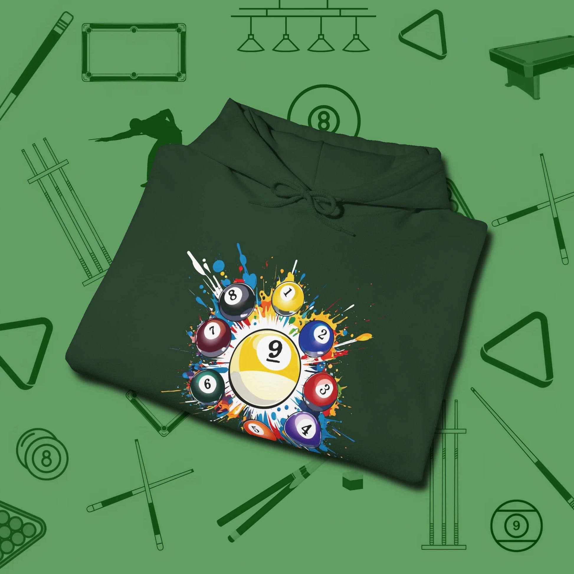 Nine Ball Round Up Hoodie, folded view, in Forest Green because the table is your battlefield