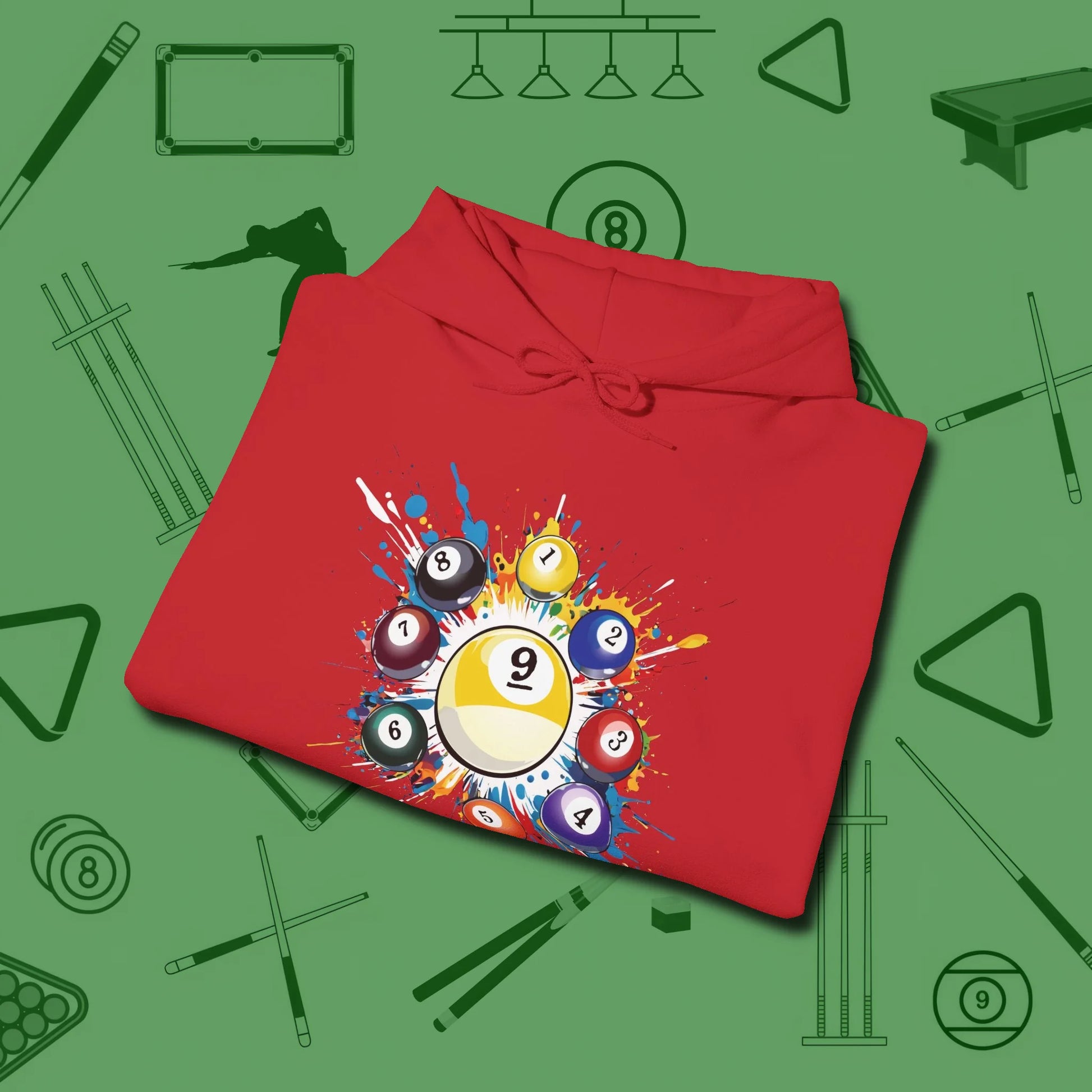 Nine Ball Round Up Hoodie, folded view, in Red style that banks as hard as you do