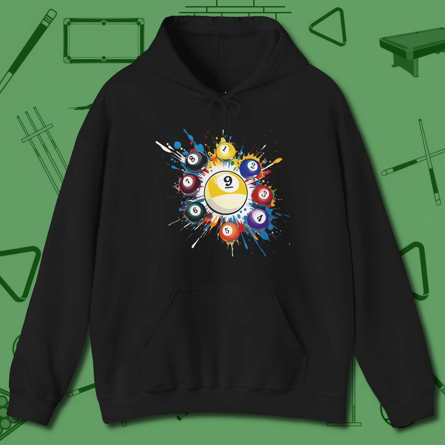 Nine Ball Round Up Hoodie, front view, in Black what the real shooters wear