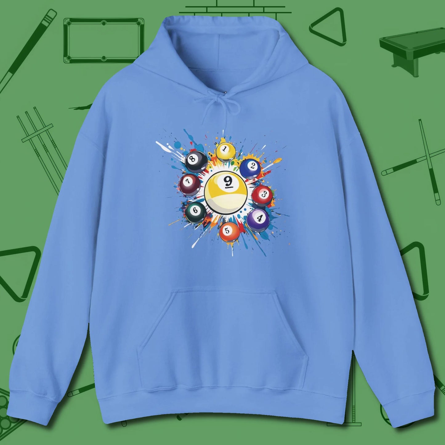 Nine Ball Round Up Hoodie, front view, in Carolina Blue attitude built for the long haul