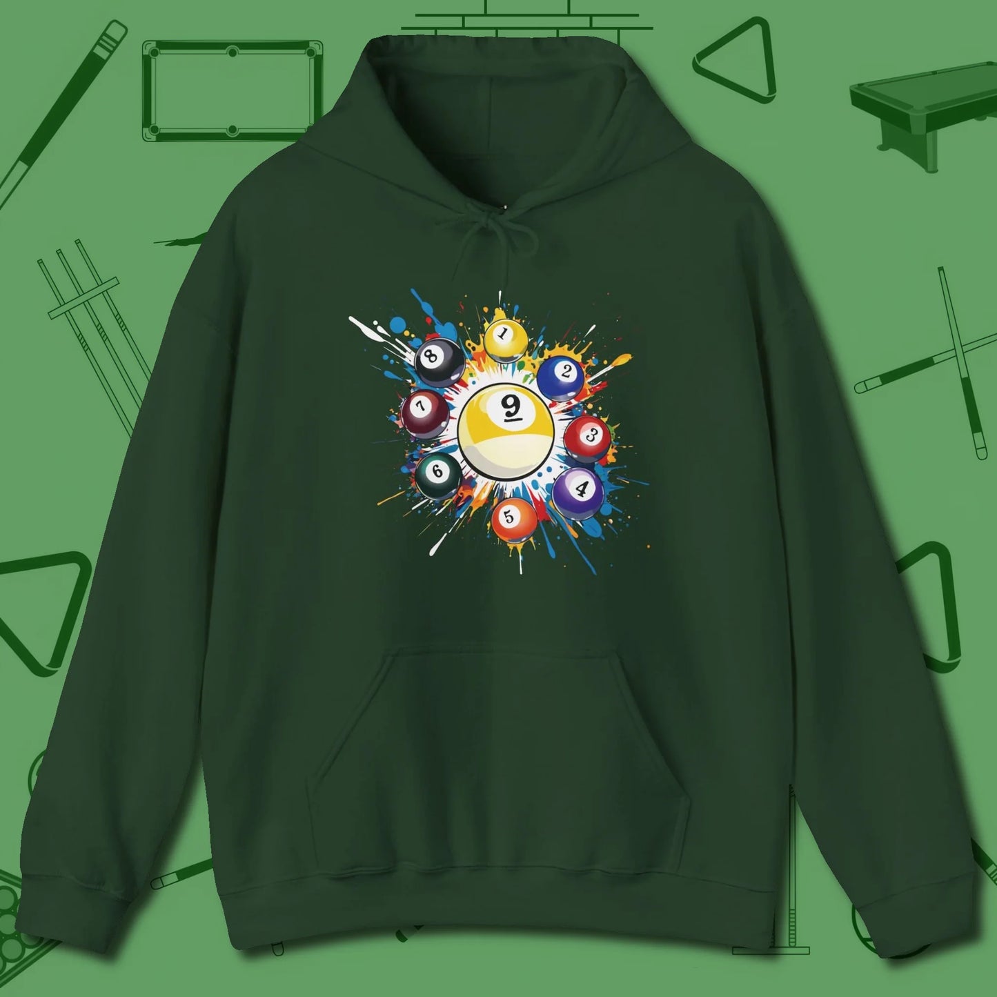Nine Ball Round Up Hoodie, front view, in Forest Green subtle drip for serious shooters