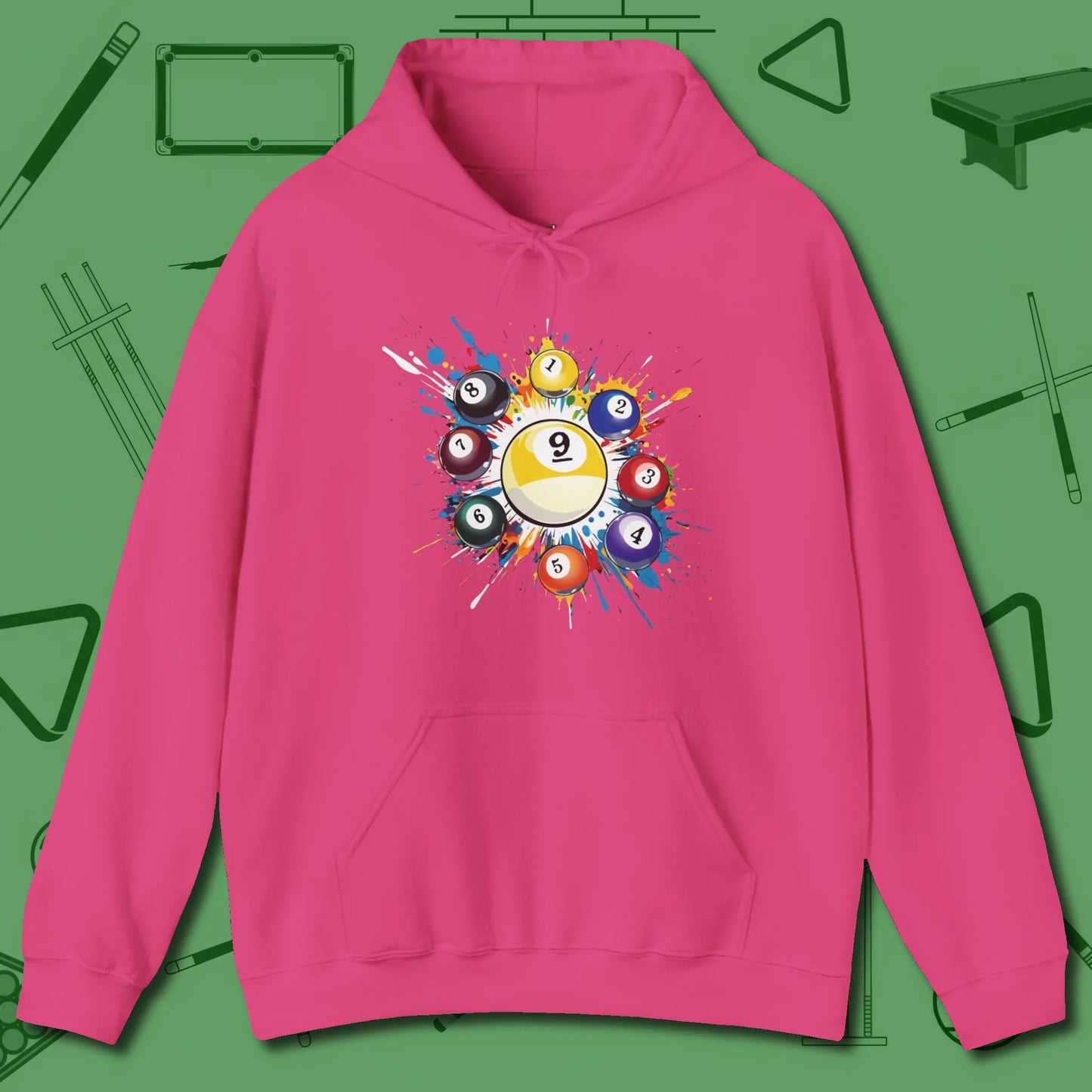 Nine Ball Round Up Hoodie, front view, in Heliconia make every shot — and outfit — count