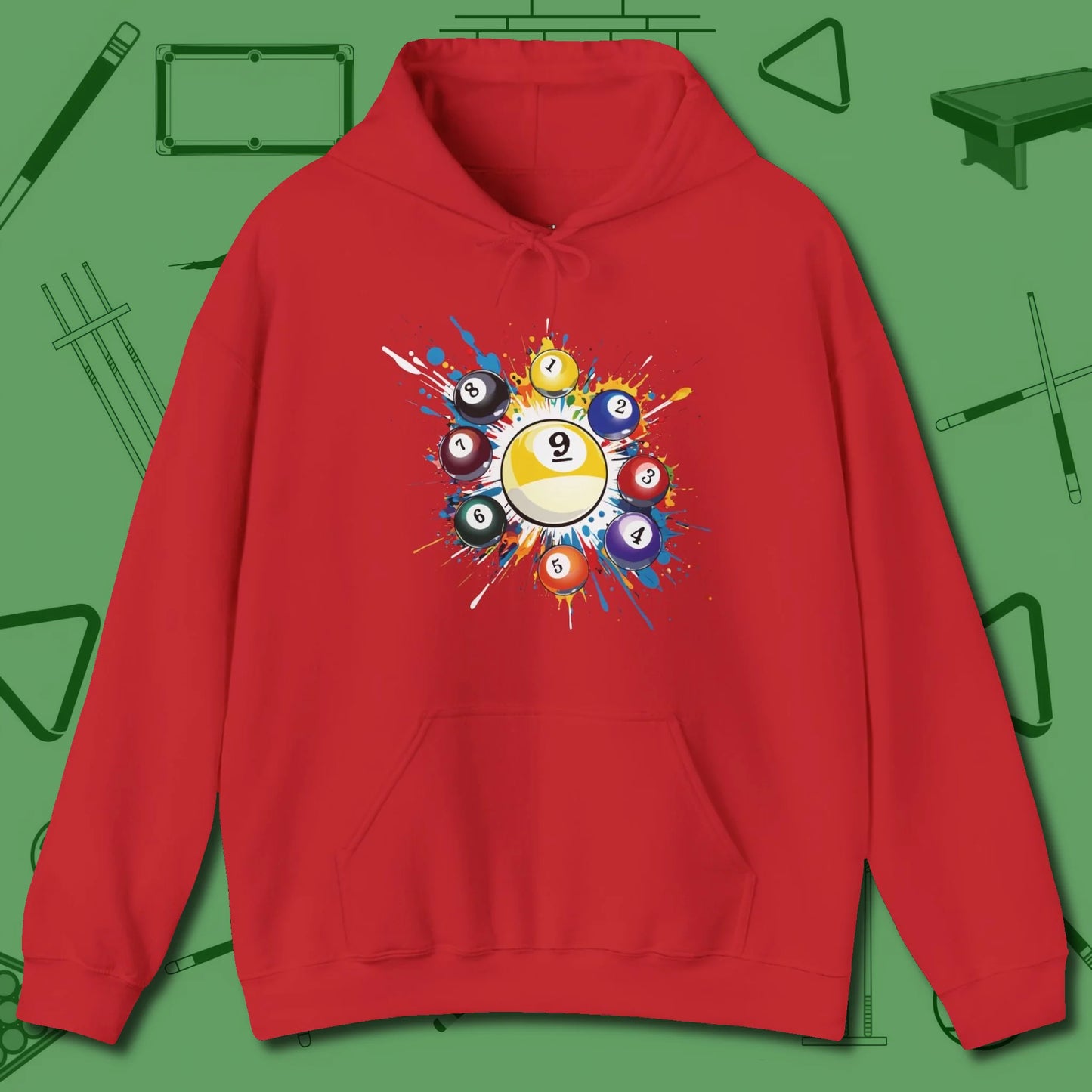 Nine Ball Round Up Hoodie, front view, in Red not your average 8-ball graphic tee