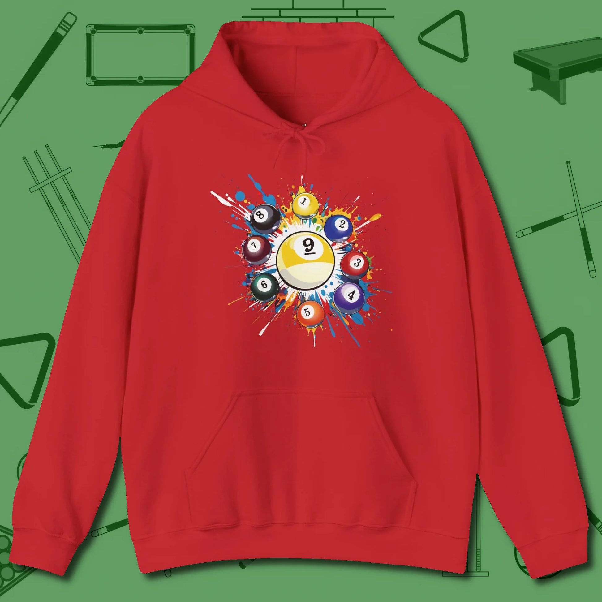 Nine Ball Round Up Hoodie, front view, in Red not your average 8-ball graphic tee