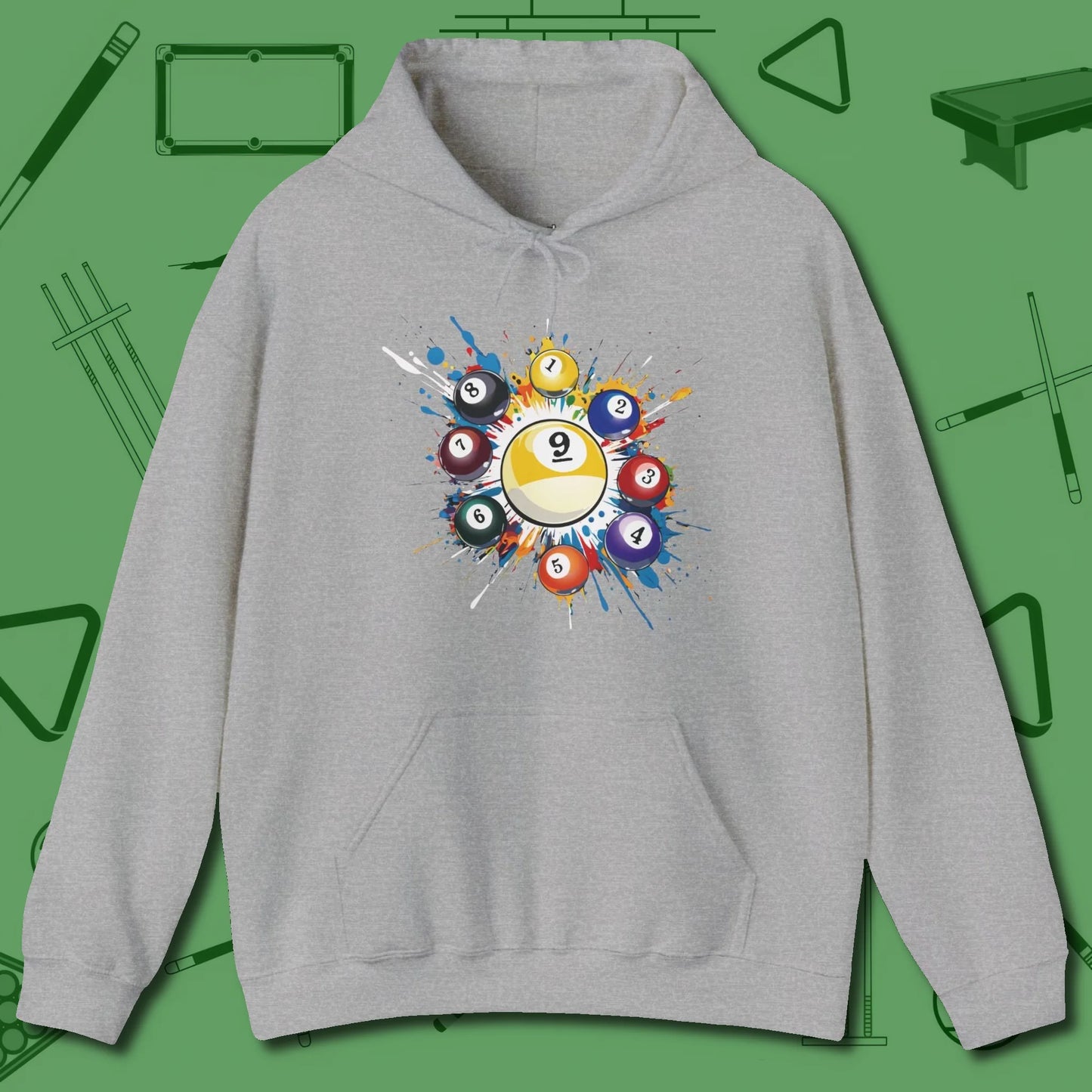 Nine Ball Round Up Hoodie, front view, in Sport Grey from chalk to clutch, look the part