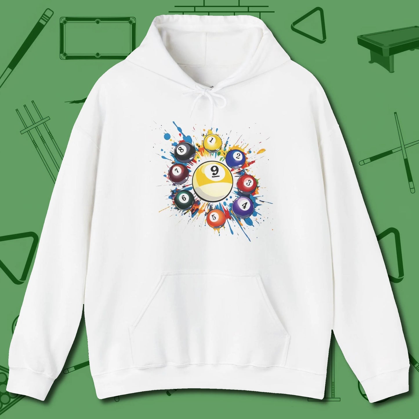 Nine Ball Round Up Hoodie, front view, in White smart apparel for strategic players