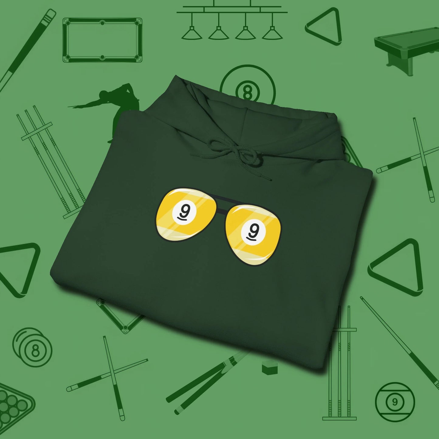Nine Ball Shades Hoodie, folded view, in Forest Green what champions wear between racks