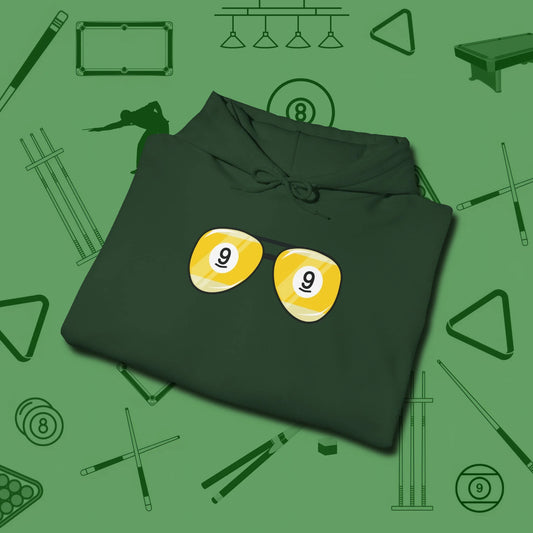 Nine Ball Shades Hoodie, folded view, in Forest Green what champions wear between racks