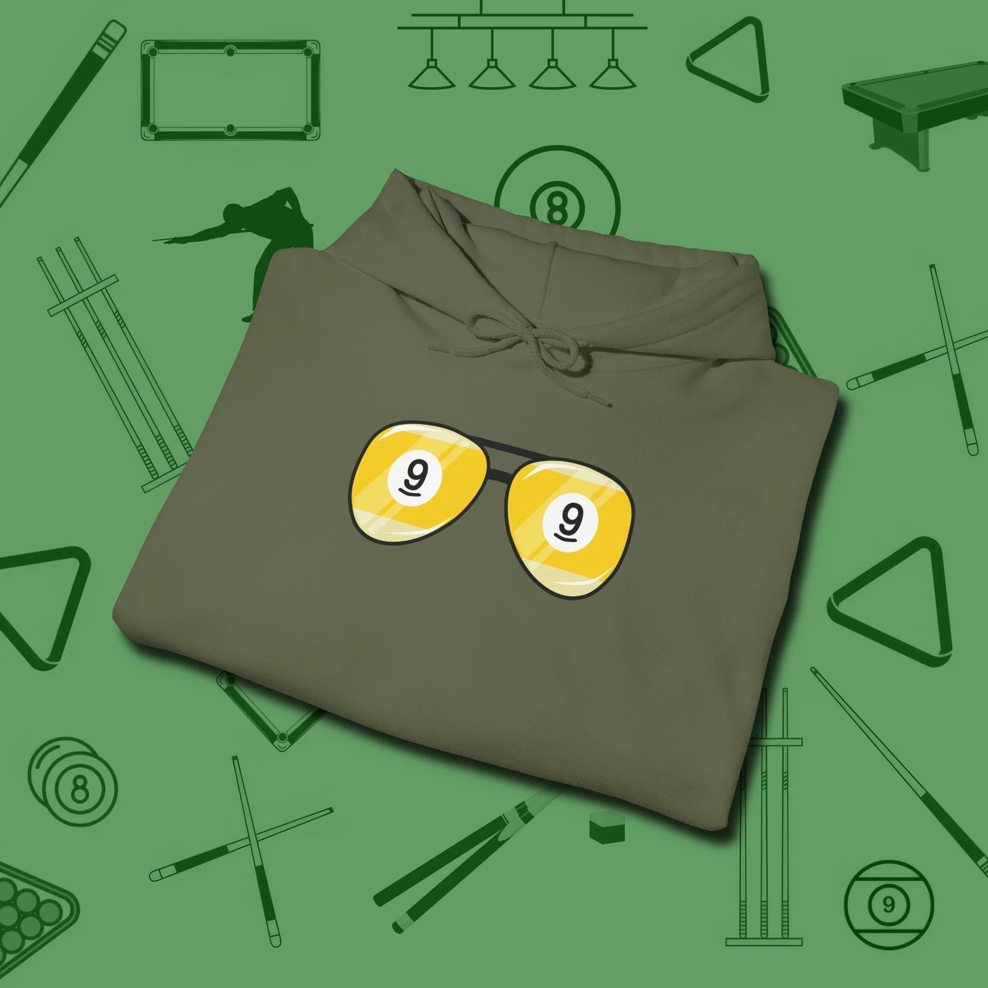 Nine Ball Shades Hoodie, folded view, in Military Green look good while calling your pocket