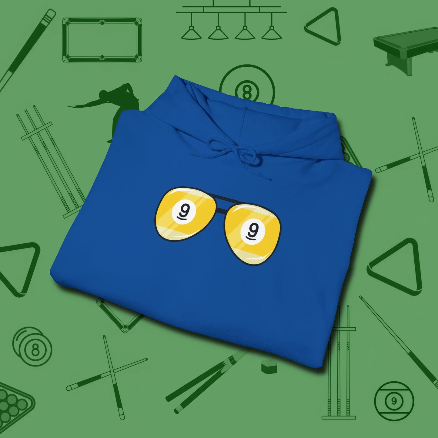 Nine Ball Shades Hoodie, folded view, in Royal stitched for cue discipline and cool confidence