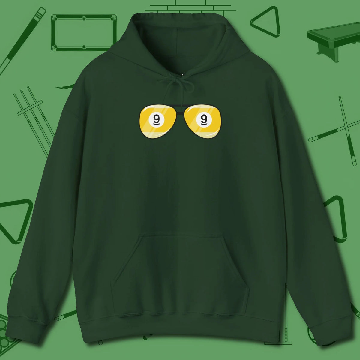 Nine Ball Shades Hoodie, front view, in Forest Green styled to dominate from rack to run-out