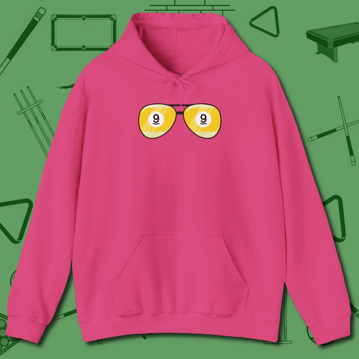 Nine Ball Shades Hoodie, front view, in Heliconia smart apparel for strategic players