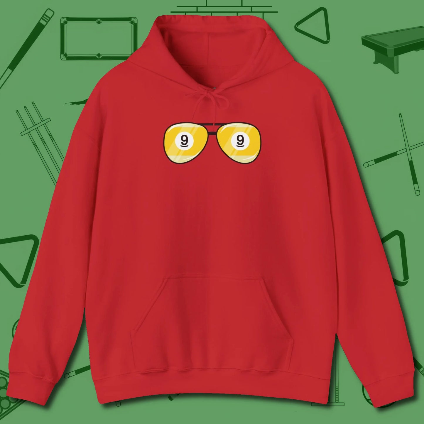 Nine Ball Shades Hoodie, front view, in Red smart enough for the felt and the street