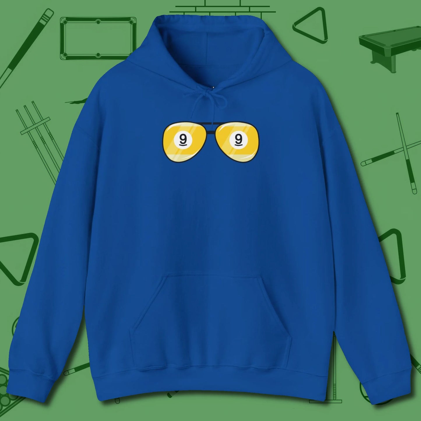 Nine Ball Shades Hoodie, front view, in Royal fashion with break-and-run energy