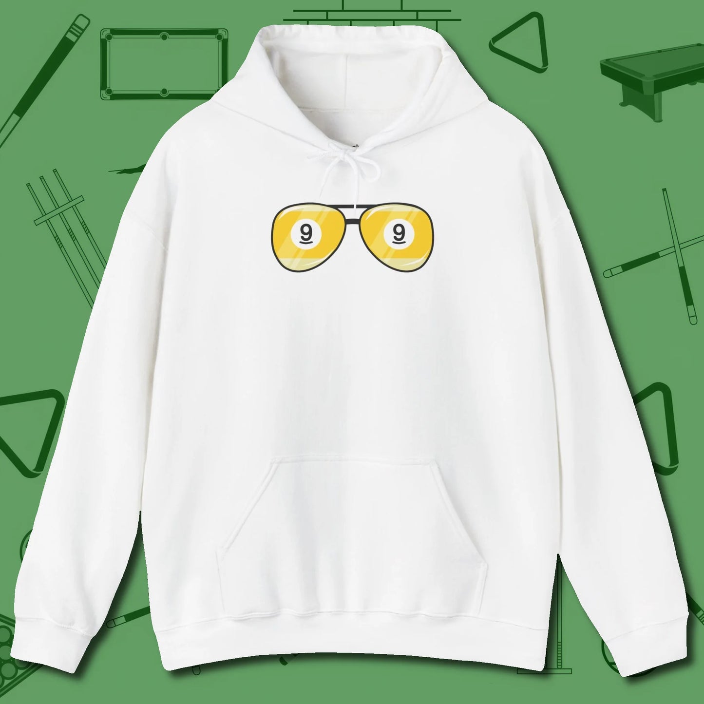 Nine Ball Shades Hoodie, front view, in White designed for dead stroke and deadpan looks