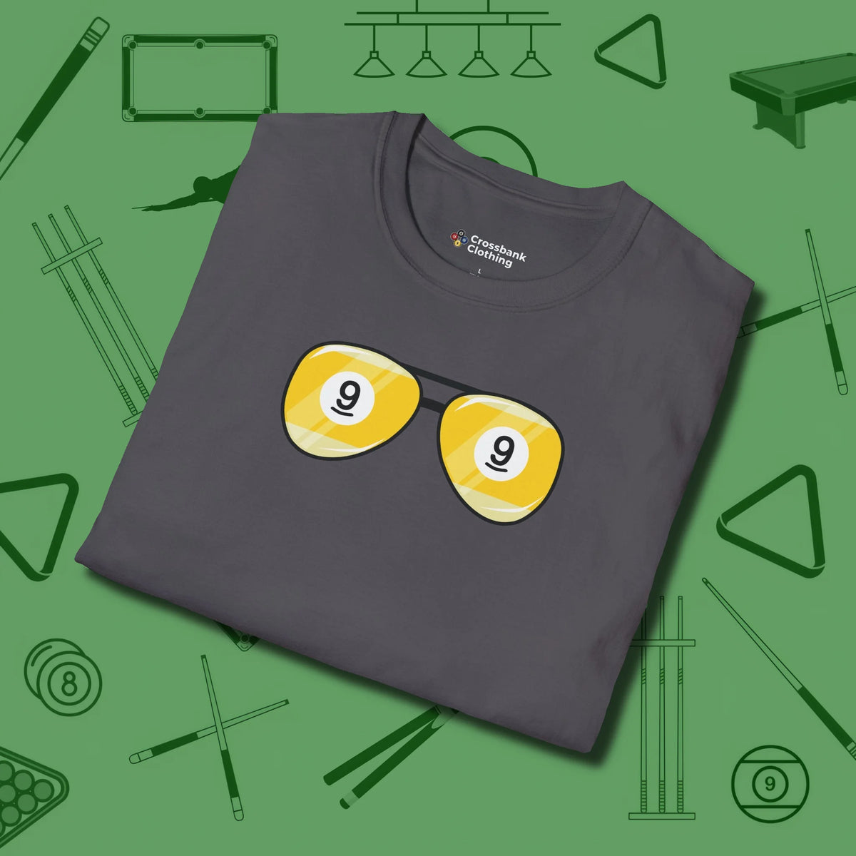 Nine Ball Shades T-Shirt, folded view, in Charcoal dress for the shot you want to take