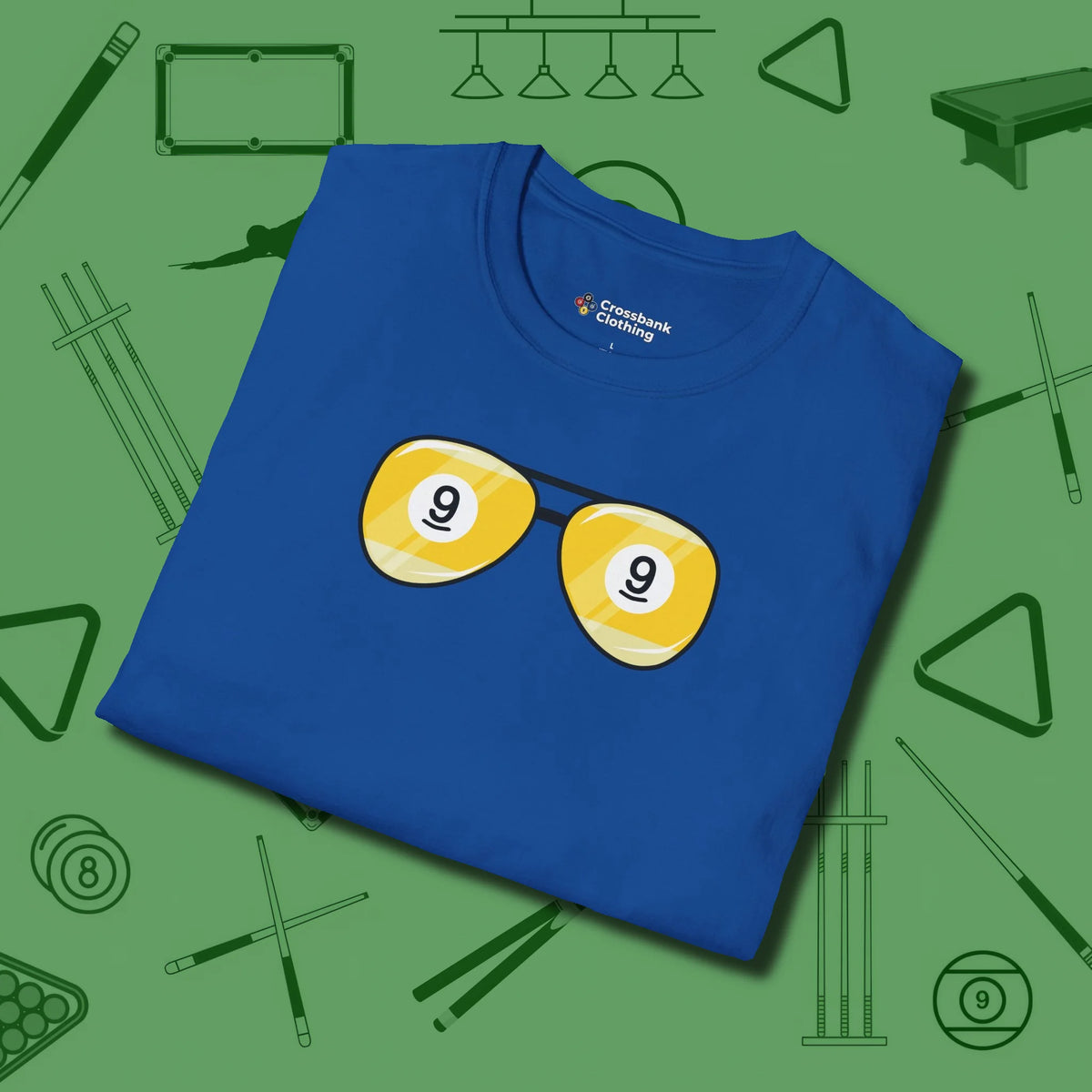 Nine Ball Shades T-Shirt, folded view, in Royal play in style, win in silence