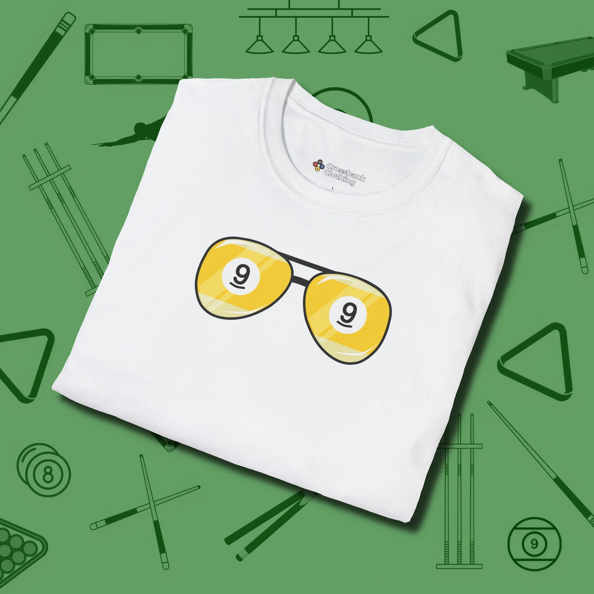 Nine Ball Shades T-Shirt, folded view, in White helps your stroke and your style