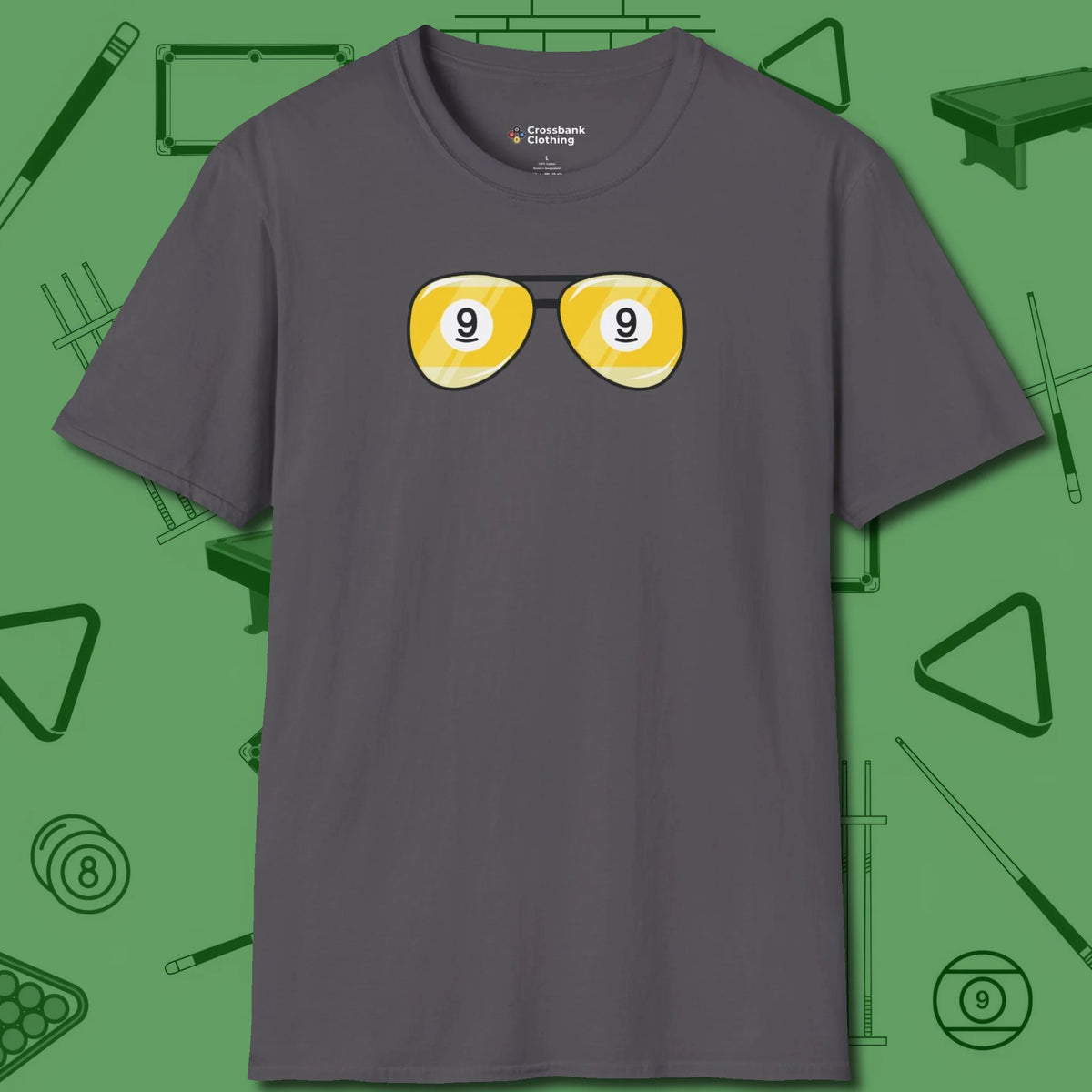 Nine Ball Shades T-Shirt, front view, in Charcoal like your stroke — smooth and deliberate