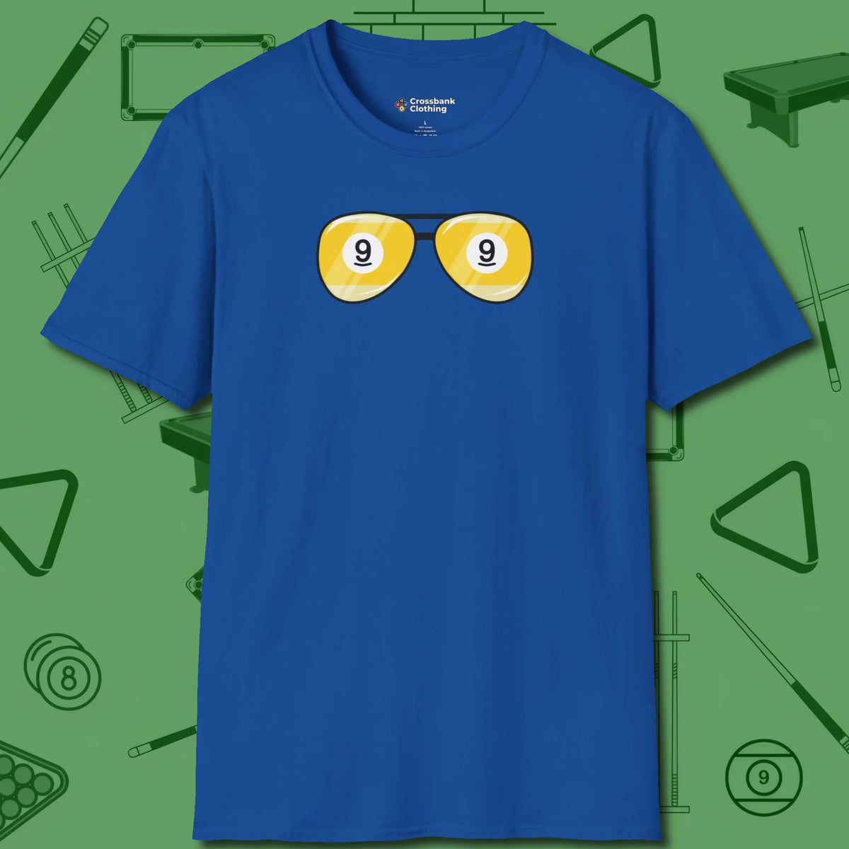 Nine Ball Shades T-Shirt, front view, in Royal where cue control meets personal style