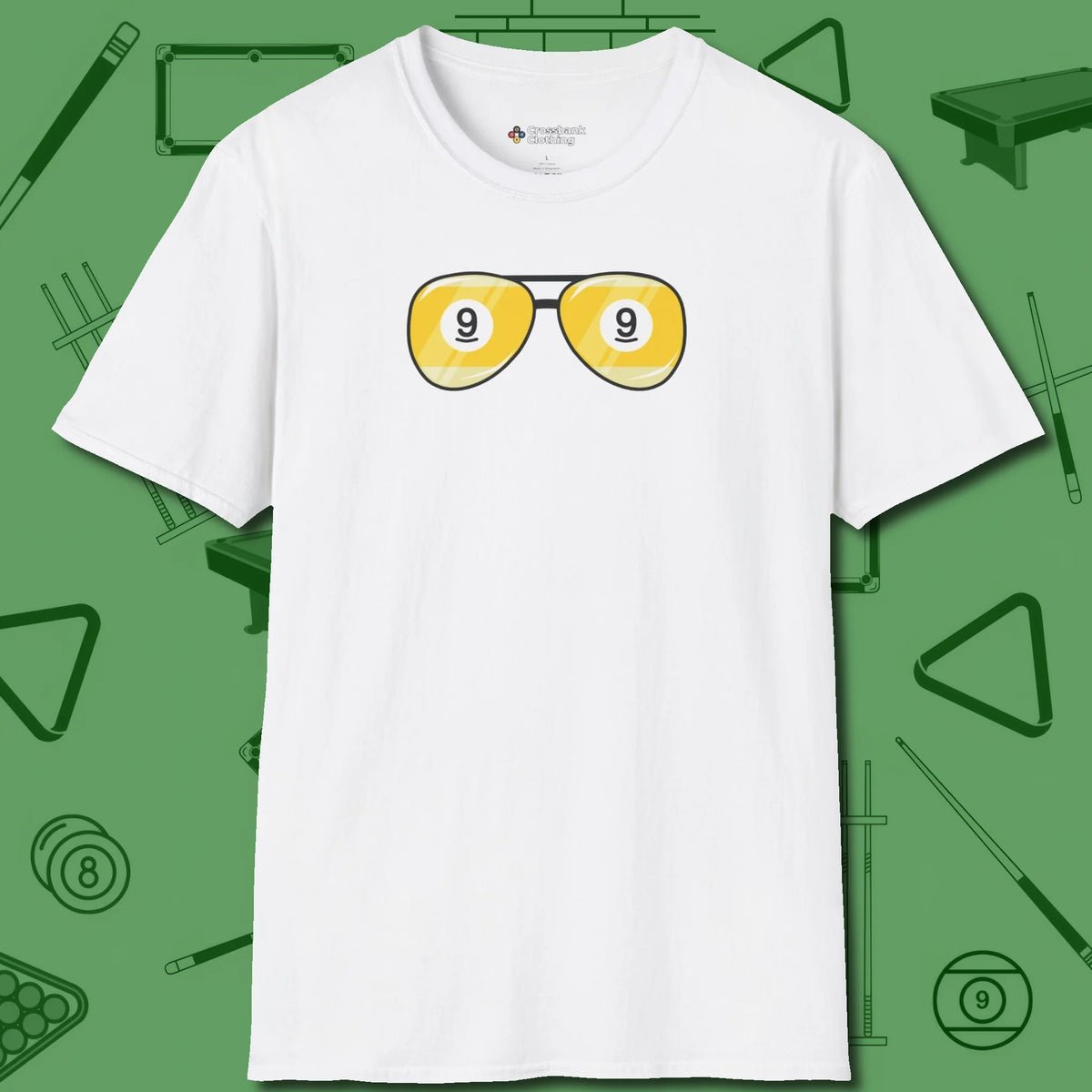 Nine Ball Shades T-Shirt, front view, in White your secret weapon off the table
