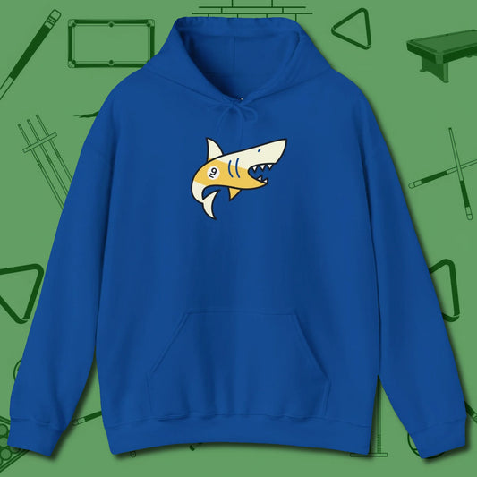 Nine Ball Shark Hoodie, front view, in Royal for hustlers who keep it honest